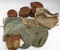 Collection of 6 vintage canvas fly reel cases, in trout/salmon size and 7x cloth drawstring Pokey