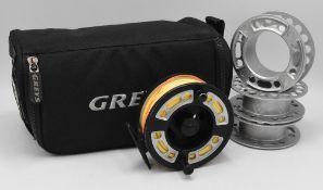 Grey’s Alnwick GRXi alloy cassette fly reel, line 7/8# with 3 spare cassettes, 3 7/8” wide spool,