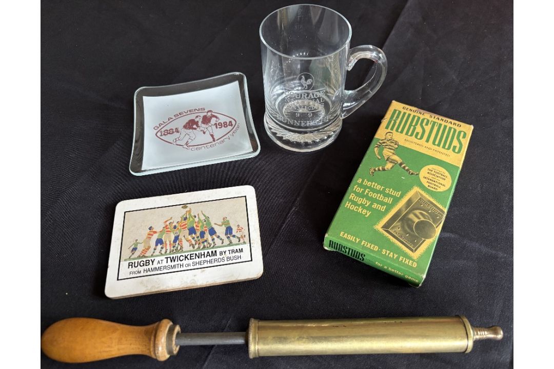 1930s on Rugby Miscellany (5): Old brass pump for balls, with wooden handle and metal adapter;