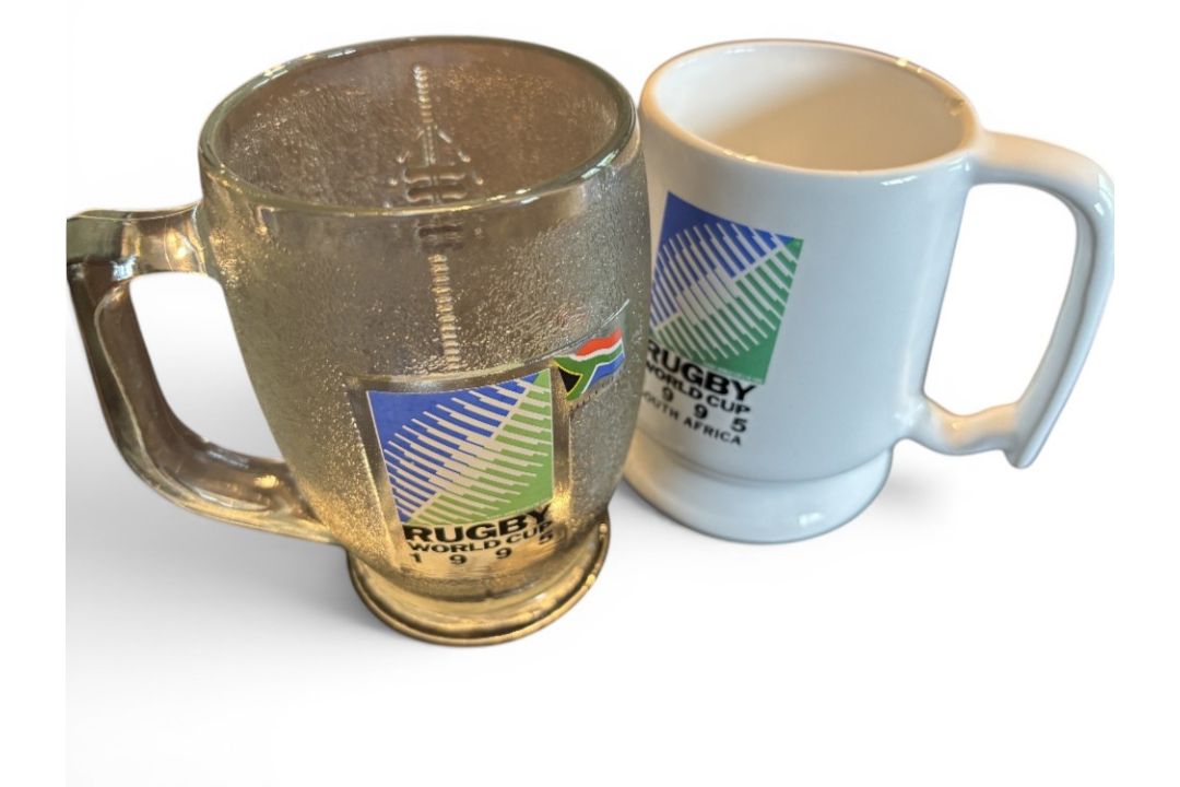 RWC 1995 Ceramic and Glass Official Tankards (2): Great duo, a large chunky frosted glass-effect