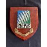 1995 RWC Classic Shield Shaped Rugby Wall Plaque: Brown with colourful IRB RWC logo and title/date