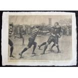 Print of 1899 Rugby Action Press Engraving: Handsome b/w print of a fine action scene by famed