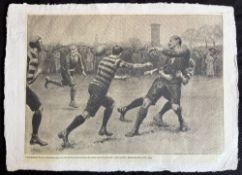 Print of 1899 Rugby Action Press Engraving: Handsome b/w print of a fine action scene by famed