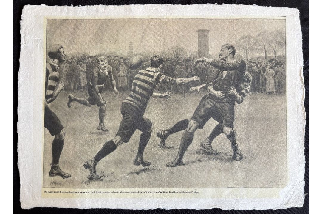 Print of 1899 Rugby Action Press Engraving: Handsome b/w print of a fine action scene by famed