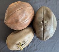 1920s or Earlier Vintage Rugby Balls Set 3 (3): Some now paper-stuffed, a really old-looking trio,