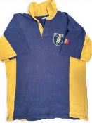 Romania Worn, Badged but Unnumbered Rugby Jersey: Navy, short sleeved, yellow side patches and