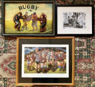 Humorous Trio of Rugby Framed Items (3): Quality coloured caricature ‘uglies-style’ large artwork,