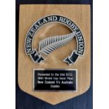 1991 RWC NZ RFU Official Thanks Plaque to the Irish RFU: Stylised silver fern and black and silver