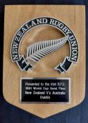 1991 RWC NZ RFU Official Thanks Plaque to the Irish RFU: Stylised silver fern and black and silver