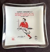 1976 Lovely Rare Gareth Edwards Tribute Coloured Glass Ashtray: c.4” square with curved edges, white