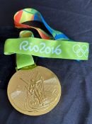 2016 Rio Olympics Medal: On colourful ribbon, bright golden official replica participation medal