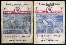 1937 and 1939 England v Wales Rugby Programmes (2): 4pp fold over cards for 1937 (v worn but