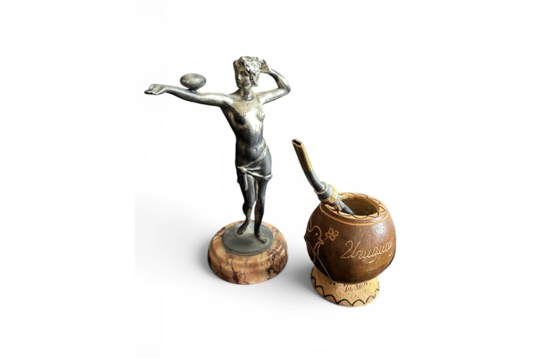 1920s/1990s Art Deco Rugby Lady and Uruguayan Folk Craft Infuser (2): Intriguing scarce duo,