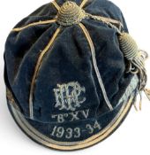 1933-4 HPFC (?) B XV Rugby Honours Cap: Or PHFC, a navy blue velvet cap with silver braid and