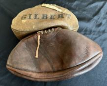1920s/30sVintage Rugby Balls Set 1 (2): Classic pair, well-worn leather full size balls, tan Gilbert