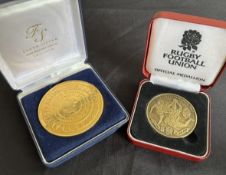 RWC 2003 England Interest Medals (2): 2003 in Oz bright golden participation medal, boxed, and the