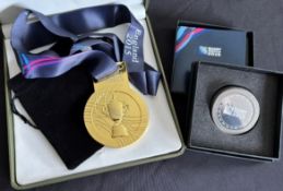 RWC in England 2015 Pair of Rugby Medals (2): Boxed, ribboned and velvet-bagged golden medal and