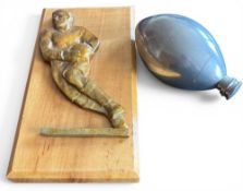 Vintage Rugby pair, wooden Player Plaque and pewter Spirits Flask Ball (2): 8” x 4” solid wooden