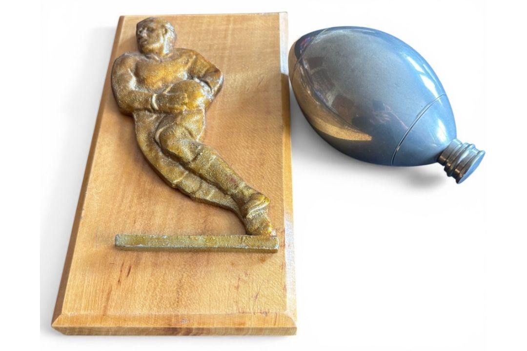 Vintage Rugby pair, wooden Player Plaque and pewter Spirits Flask Ball (2): 8” x 4” solid wooden