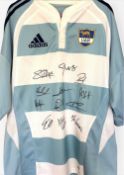 Early 2000s Argentina Signed Rugby Jersey: Lovely traditional Pumas’ light blue and white hooped