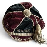 1908-9-10 Bridgwater Albion Rugby Honours Cap: With some wear and splitting, maroon and black