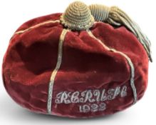 1922 ‘RCRUFC’ Rugby Honours Cap to ‘Dundas’: Hookam of Oxford make, and named inside to ‘Dundas’,
