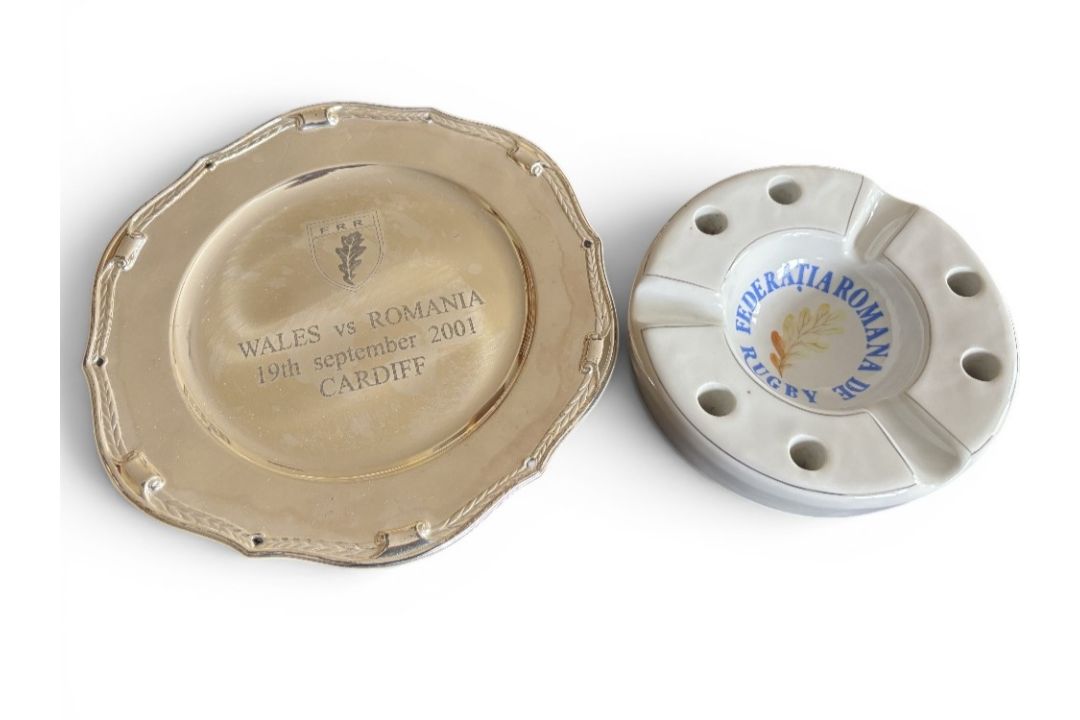 Romanian Rugby Presentation Small Salver and Ceramic Ashtray (2): c.8” diameter engraved