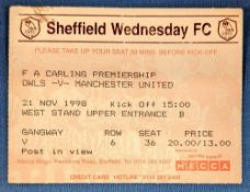 TICKET: Treble season 1998/99 Sheffield Wednesday v Manchester United 21November 1998 (1)