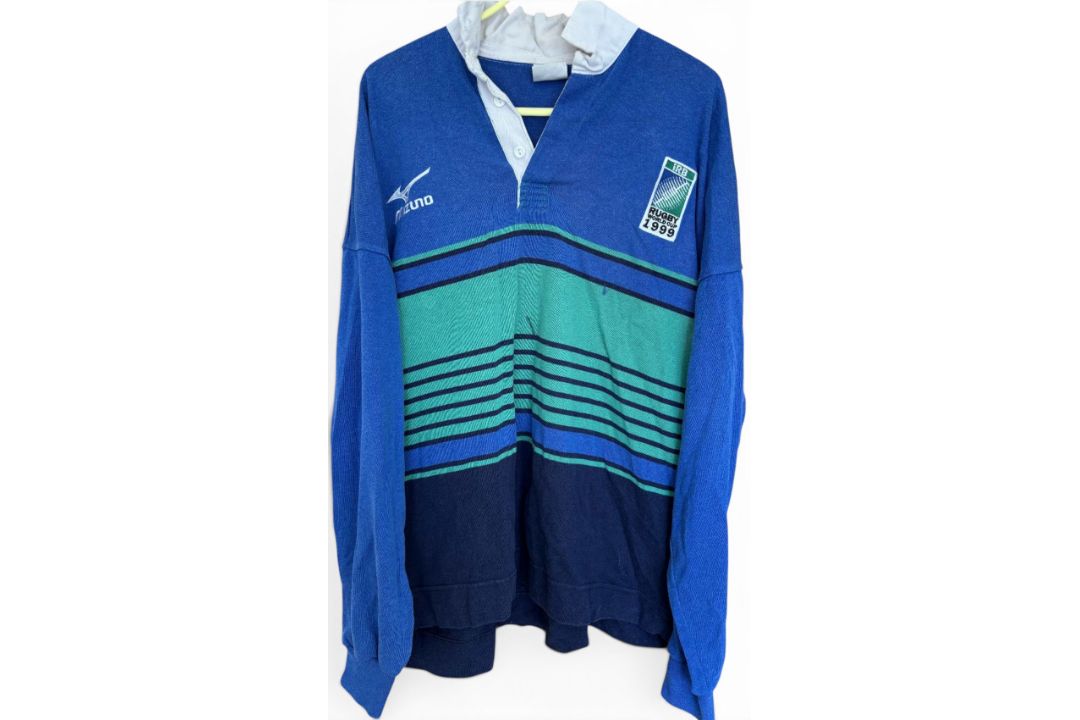 1999 RWC Mizuno Long-sleeved Rugby Jersey: Multicoloured blue, green and black hooped RWC official