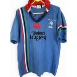 1990s Namibia National Rugby Union Unnumbered Rugby Jersey: Bright blue with bold vertical stripes