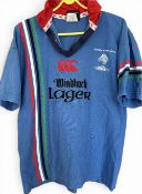 1990s Namibia National Rugby Union Unnumbered Rugby Jersey: Bright blue with bold vertical stripes