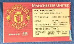 TICKET: Treble season 1998/99 Manchester United v Derby County 3 February 1999. (1)