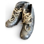 Vintage Rugby Boots: Black, approx size 8, hard toe caps with scuffs, high ankle, laced, worn nail