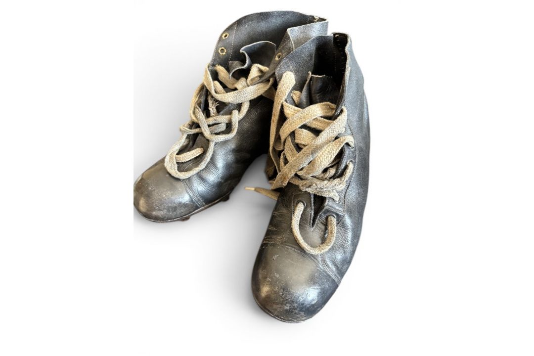 Vintage Rugby Boots: Black, approx size 8, hard toe caps with scuffs, high ankle, laced, worn nail