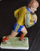 1980s? Romanian Rugby Player Coloured Porcelain Figure: Lovely 5.5” yellow and blue-kitted running