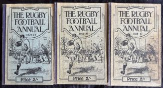 1934-37 Rugby Football Annuals (3): Trio of 30s editions, all hard back, a light stain to cover of