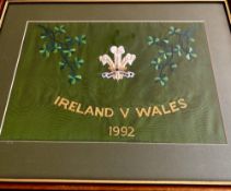 1992 Framed Ireland v Wales Touch Judge’s Embroidered Flag: Lovely large splendidly m, f and g green