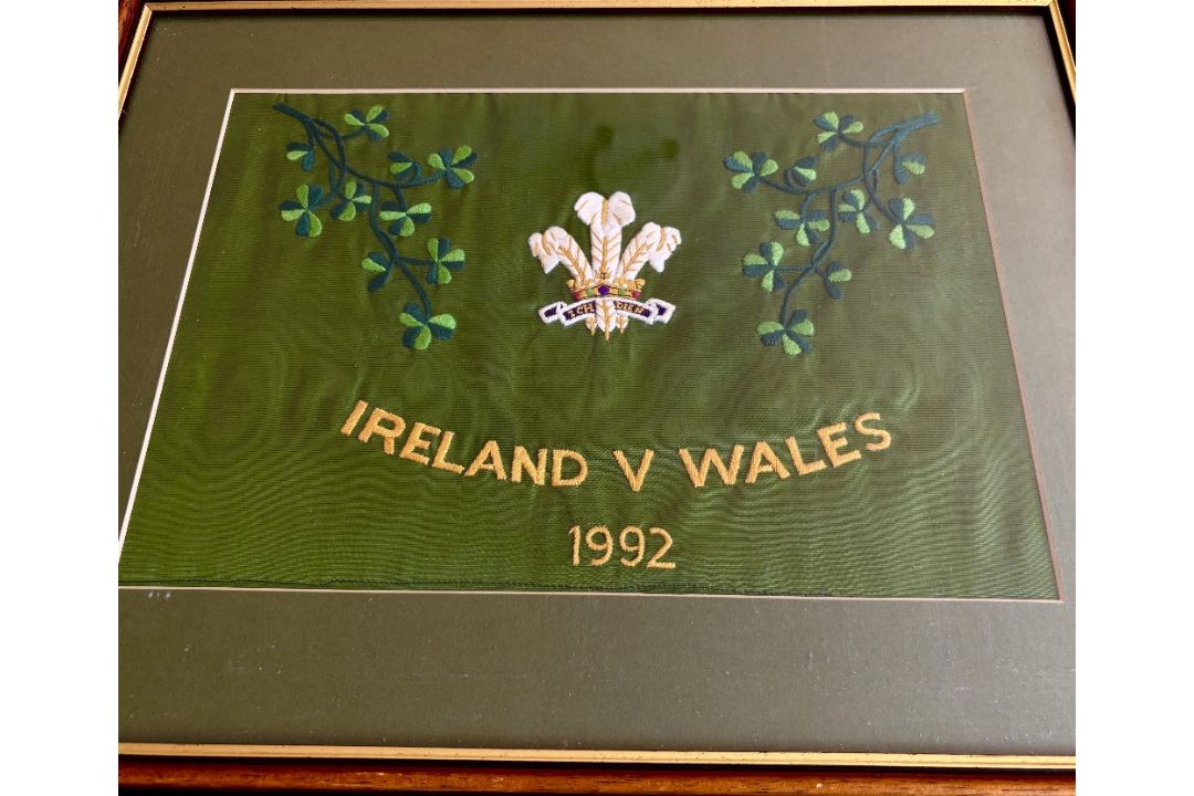 1992 Framed Ireland v Wales Touch Judge’s Embroidered Flag: Lovely large splendidly m, f and g green