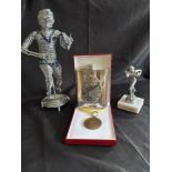 Rugby Giftware etc Selection (4): Rugby figure, c11” tall, shaped silver wire action stance on