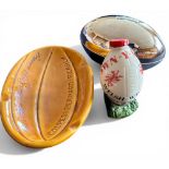Rugby Ball Ceramic and Metal Novelties (3): Small white empty Welsh Whisky rugby-ball shaped ceramic