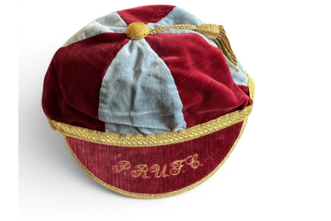 Petersham RFC Australia Colourful Rugby Honours Cap: From Down Under, large two-tone red and sky-