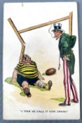 c1918 Rugby Postcard, WW1 USA and Germany Coloured Cartoon: Noted caricature of ref Uncle Sam