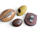 Rugby Ball and Whistle Giftware etc (4): A 1930s Staffordshire ceramic rugby ball ashtray, a smaller