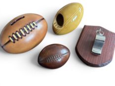 Rugby Ball and Whistle Giftware etc (4): A 1930s Staffordshire ceramic rugby ball ashtray, a smaller
