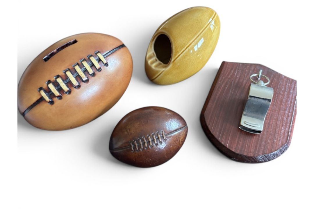 Rugby Ball and Whistle Giftware etc (4): A 1930s Staffordshire ceramic rugby ball ashtray, a smaller