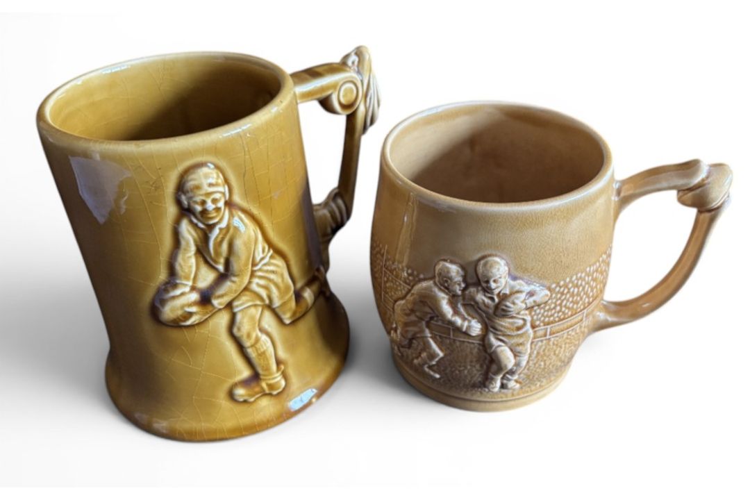 1930s on Pair of Ceramic Rugby Tankards (2): Nice duo, Staffordshire Pottery mid-20th century
