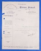 Tom Stewart Golf Club Maker Letterhead dated 16th Sep 1936 to John R Carstairs, The Links Leven,