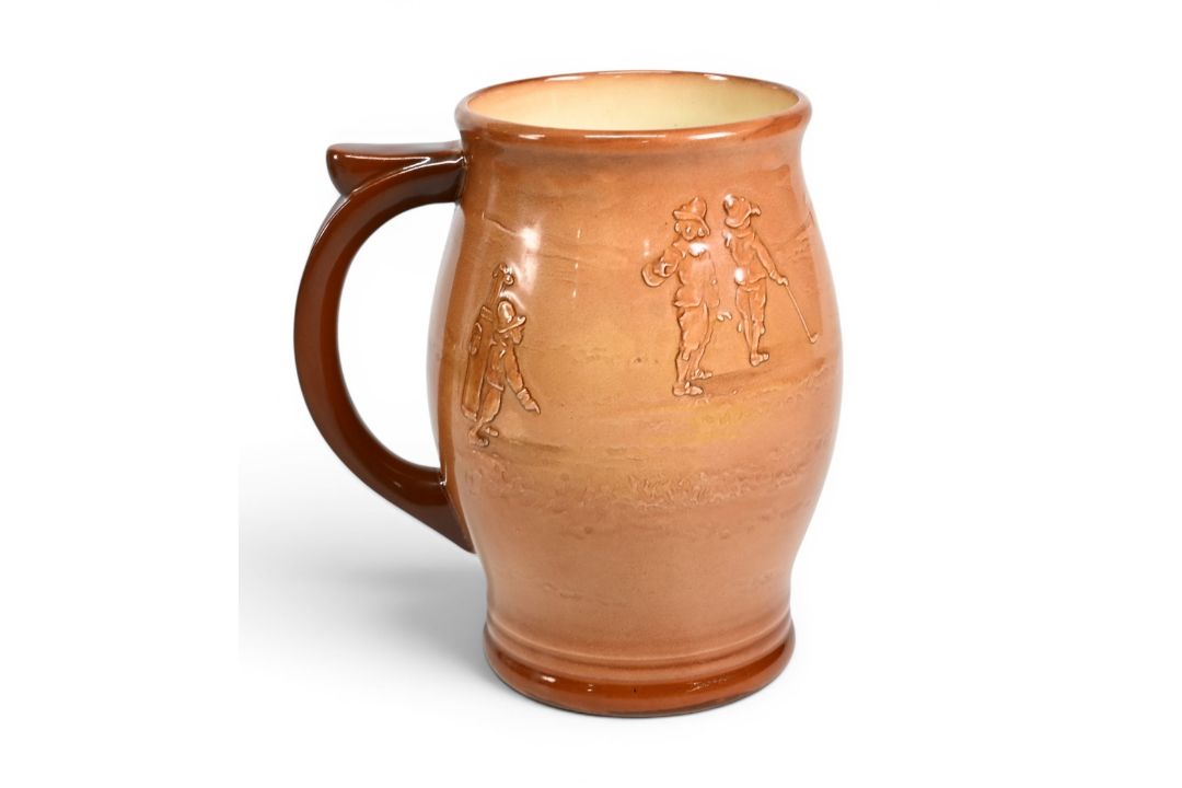 Royal Doulton Queensware series Jug c1930s – light brown finish with Crombie style golfers in - Image 2 of 2