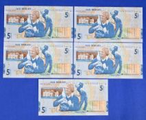 5x Jack Nicklaus Royal Bank of Scotland £5 Bank Notes – consecutive numbers include JWN0134707-711
