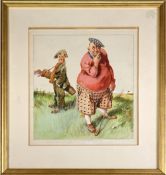 Original golfing water colour/gouache Humorous Scottish golfing scene c1930s - depicting a golfer